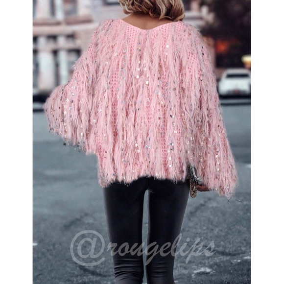 Fun Fuzzy Embellished Pullover Sweater V-Neck Pink Soft and Stretchy Knit - Picture 4 of 11